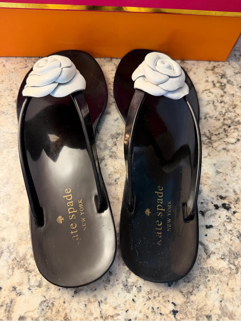 kate spade Black Jelly Sandals with White Floral Accent flower rose cute